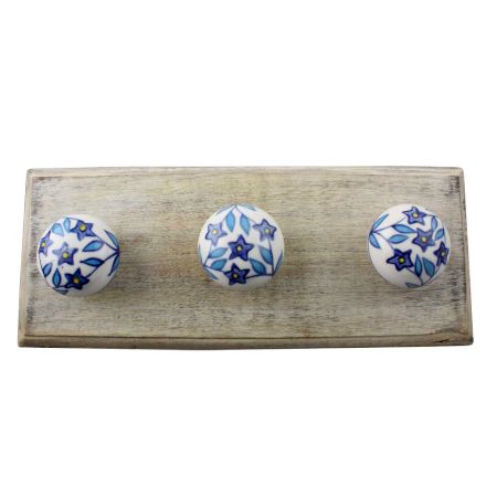 Blue Star Ceramic Floral Wooden Hook